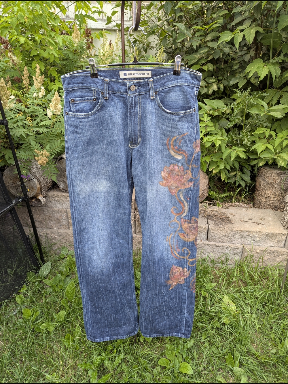 Vintage GAP Y2K Hand Painted  Oversized Boyfriend Bootcut Jeans Boho Upcycled